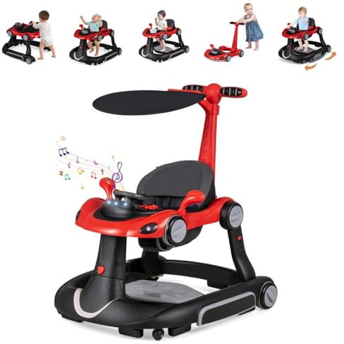 LIFEZEAL 6 in 1 girello per bambini con tettuccio, Girello Trasformabile, Pieghevole, altezza e velocità regolabili, Baby Walker con luce, musica, Portata 12 kg, per Bambini 7-18 Mesi (rosso)