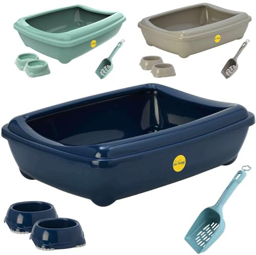 CAT CENTRE Dark Blue Jumbo Deep Cat Litter Tray With Rim + Two 0.3L Bowls + Scoop Open Toilet Bundle for Cats & Kittens