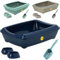 CAT CENTRE Dark Blue Jumbo Deep Cat Litter Tray With Rim + Two 0.3L Bowls + Scoop Open Toilet Bundle for Cats & Kittens