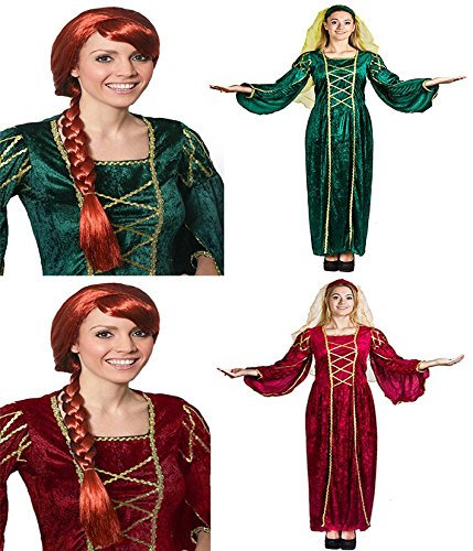 Ilovefancydress Vergangene Zeiten Königin mit roter Flechtflechtperücke, mittelalterliches Prinzessinnen-Kostüm (grün) | Größe XL