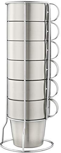 Mirenlife Set di 6 tazze da caffè impilabili in acciaio INOX, con manico in acciaio inox, con doppia parete isolata, per mantenere le bevande calde o fredde più a lungo, supporto in metallo,