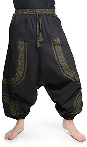 Kunst und Magie PSY Goa Freizeit Haremshose aus Baumwolle Unisex- Für Sie und Ihn, Größe:XXL, Farbe:Schwarz/Army Green