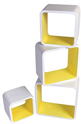 Cube Verstärkte Vielen Farben MDF Retro Design 4er Set Regal Regale Wandregal Deko Würfel CD DVD Lounge LO02 (Weiß/Gelb)