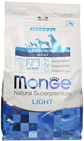 Monge Light Adult Salmon and Rice, Hundefutter für alle Rassen (Trockenfutter für Hunde mit Lachs und Reis, Hundefutter Trocken für reduzierten Energiebedarf, sehr Nährstoffreich, Inhalt: 2,5 kg)