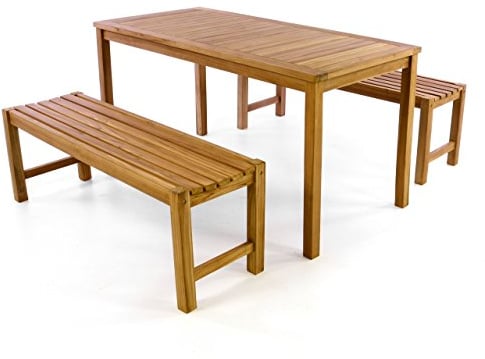 Divero 3-TLG. Picknick-Set TRAVEMÜNDE - besteht aus 1 Tisch + 2 Bänke aus Teakholz, behandelt - Farbe: Braun