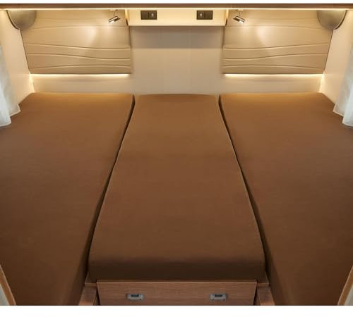 G BETTWARENSHOP – Spannbettlaken für Wohnmobile & Wohnwagen – Spannbetttuch Set 3-teilig für 2 Längsbetten + Mittelteil – Jersey Bettlaken für Heckbetten 2 Längsbetten + Mittelteil aschbraun