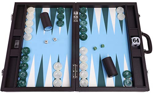 Wycliffe Brothers Backgammon Turnierset 53 x 73 cm – Masters Edition – brauner Koffer aus Kunstleder – Spielfläche in Blau mit grünen und weißen Punkten – professionelles Backgammon-Spielset