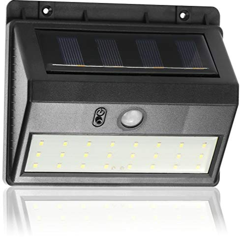 com-four® Solar-LED-Wandleuchte, Solar Aussenleuchte aus wetterfestem Kunststoff, mit Dämmerungssensor, Bewegungsmelder und An-/Aus-Schalter