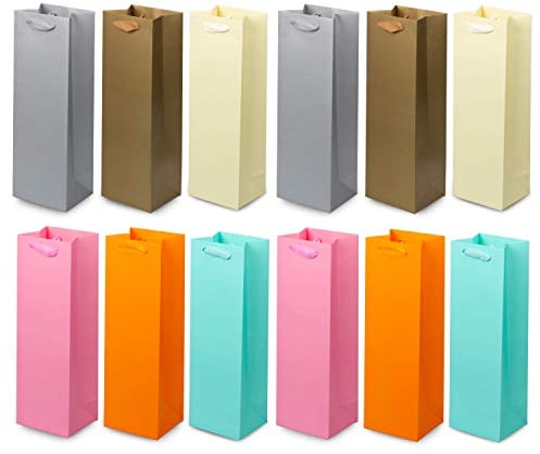 Bottle Wine Bag with Handles Bulk 12 Packs, Premium Paper Gift Bag Assorted Design, Single Wine Carry Bag, Perfect for Housewarming, Birthday, Anniversary, Wedding, Dinner Party