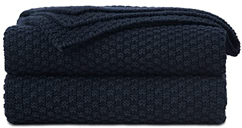 Longhui bedding Dark Navy Blue Knitted Throw Blanket for Couch, Soft, Cozy Machine Washable 100% Cotton Sofa Knit Blankets, Heavy 4.0lb Weight, 60 x 80 Inches, Dark Navy Blue Color.