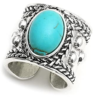 Anello a fascia larga regolabile con turchese, stile vintage bohémien, per donne e ragazze, con perline e pietra blu, comodo da indossare, compleanno, Natale, retrò, regalo