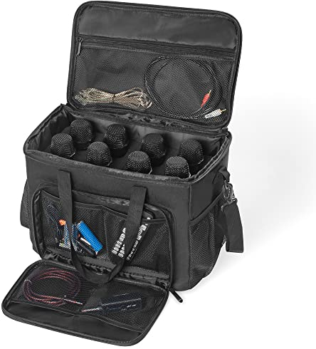 8 Slots Wireless Microphone Case with Foam, 1680D Heavy Duty Oxford Fabric Microphone Bag with Shoulder Strap, BLACK