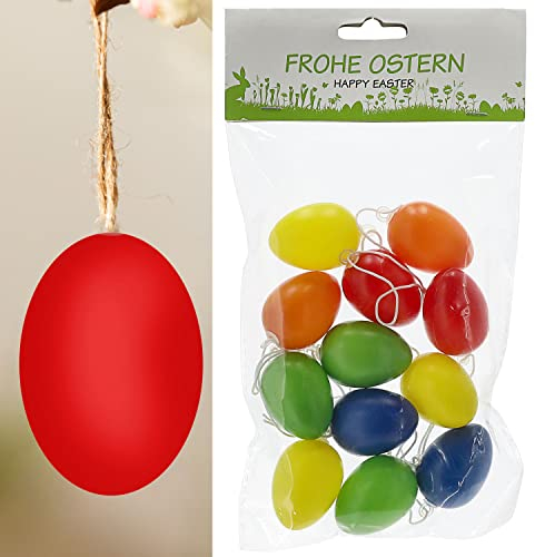 Cepewa Ostereier 12er Set bunt zum Aufhängen | Kunststoff 2,5x4cm Aufhänger rot gelb grün blau orange | Eier Dekoeier Kunststoffeier Ostern Osterdeko (1 x 12er Set Osterei 2,5x4cm)