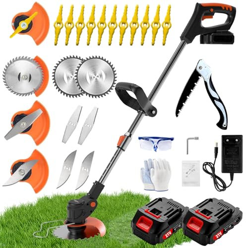 Rasentrimmer Mit Akku, Freischneider Akku, Akku-Rasentrimmer mit 2 X 21V 2000 mAh Akkus und Ladegerät, Rasentrimmer mit 3 Verschiedenen Klingen, Einstellbare Länge für Gärten, Rasenflächen, Büsche