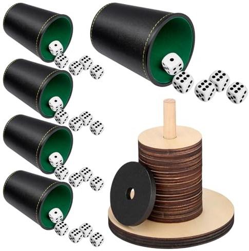 Schocken Set Schockbesteck mit Würfelbecher Leder mit 25 Stück Würfel Enthalten Scheiben und Ständer Schockbesteck Holz für Unterhaltungsspiele, Bar, Puzzles, Spielzubehör