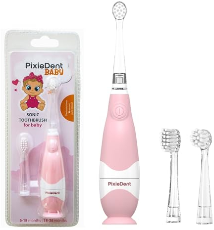 PixieDent Spazzolino elettrico per bambini, a ultrasuoni, con 2 spazzole di ricambio e 2 modalità timer, timer, setole delicate, LED bianco e rosa, spazzolino da denti per bambini da 0 a 3 anni