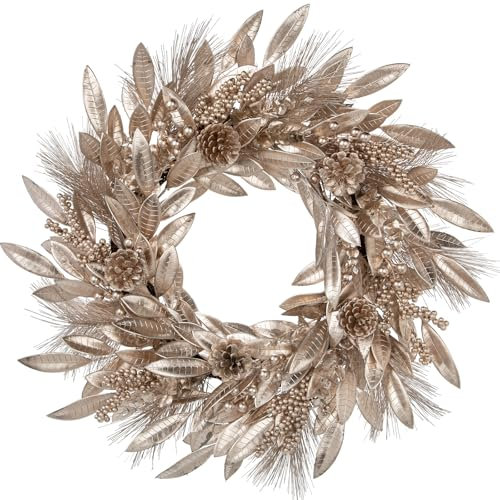 Briful 24 Christmas Wreath Champagne Door Wreath, Artificial Magnolia Leaf Wreath with Berry Clusters Natural Pinecones, Christmas Wreaths for Front Door, Wall Window Christmas Decorations