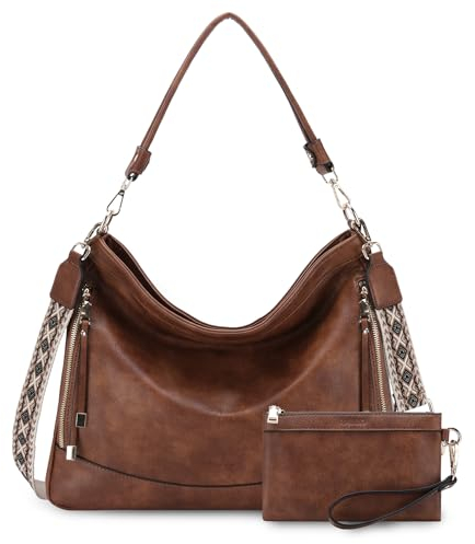 RAVUO Handtasche Damen, PU Leder Umhängetasche Shopper Hobo Tasche mit Abnehmbarem Schulterriemen Groß Schultertasche 2-teiliges Set inkl Geldbörse Braun