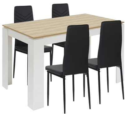 FURNITABLE Esstisch mit 4 Stühlen Esszimmergruppe, 4er Set Esszimmerstühle und Rechteckig Holztisch Essgruppe für Wohnzimmer Küche Büro (Eiche-weiß Tisch+4 Schwarz Stühle)
