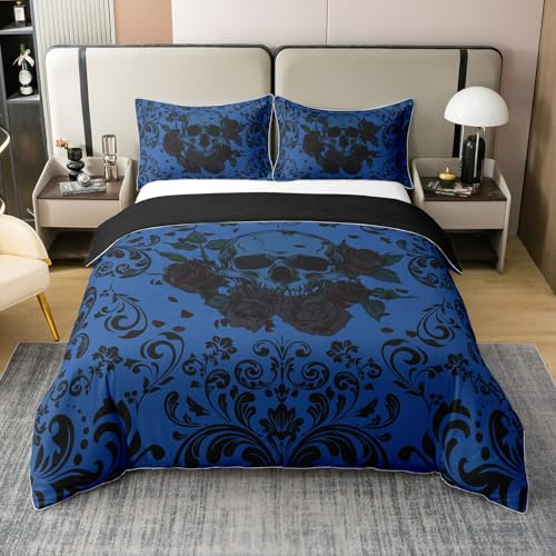 Sugar Skull 100% Baumwolle Bettbezug 135x200 Blau Schwarz Damast Tröster Bezug,Romantische Rose Floral Bettwäsche Set Halloween Horror Gohtic Bett Set Schlafzimmer Dekor,Eckkrawatten
