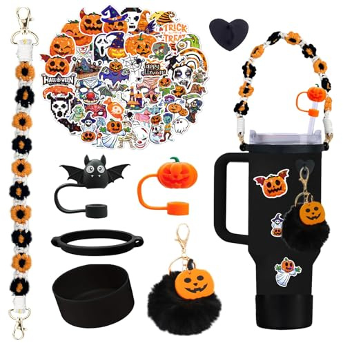 Stanley Cup Accessories,(7+50) Pcs Halloween Stanley Cup Accessories 30&40 Oz Tumbler,Including Straw Cover,Handle rope,Halloween stickers,cup ring,plush pendant,Silicone Boot,Heart Buttons(Pumpkin)