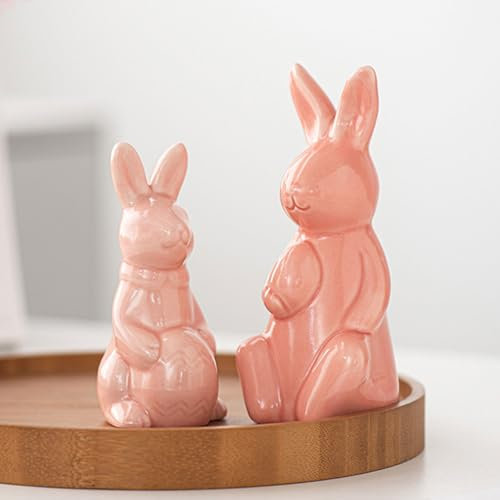 2 Stück Osterhasen Deko Figuren, Osterdeko Porzellan Hasen Deko, Frühlingsdeko Osterhasen Keramik, Osterdeko Tisch Osterhasen Figuren für Frühling Ostern Heimdekoration, Tischdeko (Rosa)