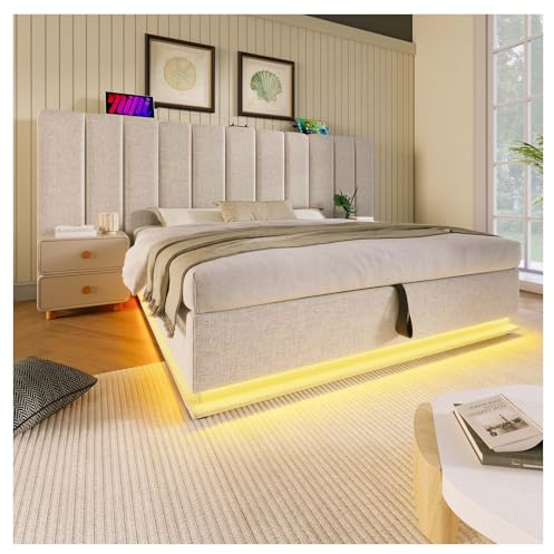 Lit capitonné 180 x 200 cm, lit double, espace de rangement, avec fonction de charge LED et USB-C, cadre de lit avec sommier à lattes, en lin, beige, sans matelas ni table de chevet