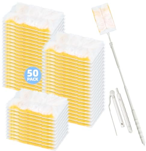 Loveco 51 Stück Kompatibel für Swiffer Staubmagnet Nachfüllpack, 180° Einweg Staubwedel für Swiffer Duster Nachfüllung für Tierhaare, Staub, Schmutz (50 Gelb Tücher + 1 Teleskopgriff)