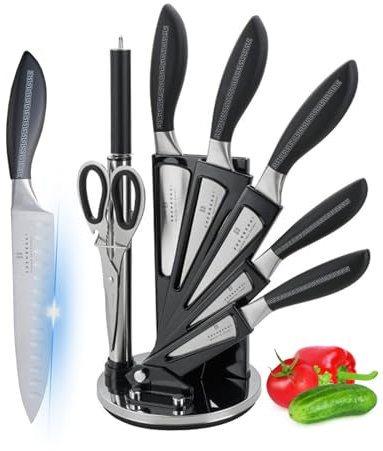 Justup Messerset mit Messerblock, 8-TLG Küchenmesserset Scharfes Edelstahl Messerset, Profi Kochmesser mit Ergonomischem Griff, Küchenmesser Set mit Scherenschleifer (Schwarz)