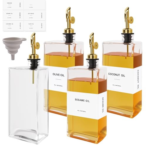 Otauoaea Lot de 4 Bouteille Huile 500ml Distributeur Huile d'Olive,Verseur Huile d'Olive Carré,Automatique Bouteille Huile et Vinaigre pour Cuisine - Avec étiquettes et Entonnoir