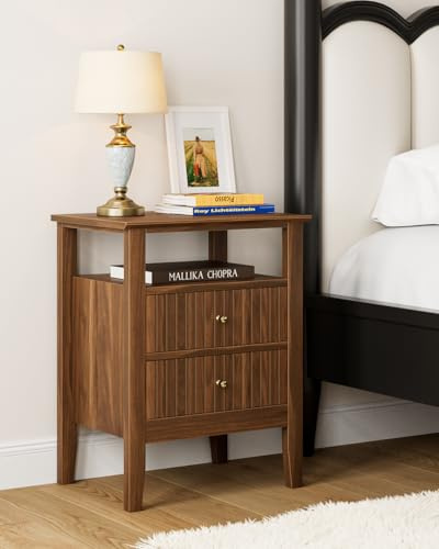 HEYZOEY Nachttisch, Retro Nachtschrank mit 2 Schubladen, Nachttisch, Boho Nachtkommode für Schlafzimmer, Wohnzimmer, Château-Nussbaum