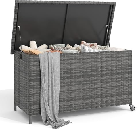 UDPATIO Gartenbox Wasserdicht XXL 310L | Auflagenbox Wetterfeste mit Gasdruckfeder |Polyrattan | Garten aufbewahrungsbox mit Deckel |Rollbar | Kissenbox Outdoor | Grau
