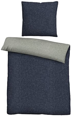 biberna 0840500 Wende-Bettwäsche Garnitur mit Kopfkissenbezug, 2 Stück, Melange-Flanell 1x 135x200 cm + 1x 80x80 cm, marine