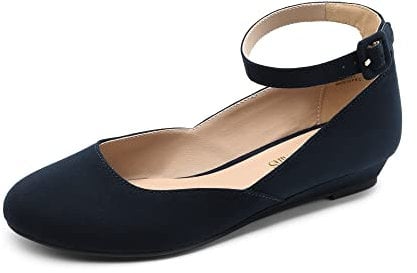 DREAM PAIRS Women's Ballet Flats Pumps Ballerina Ankle Strap Elastic Low Wedge Sandals Round Toe Comfy Dolly Shoes,Size 6.5,Navy/Suede,REVONA