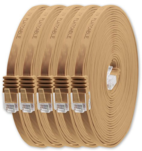 1aTTack.de 20m - Hellbraun - 5 Stück - Cat.6 Flaches Netzwerkkabel Cat6 Flachkabel Ultra Flach Cat.6 Patchkabel 1000 Mbit/s Gigabit LAN (RJ45) Flach Slim Micro