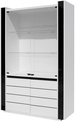 Vitrine argentier vaisselier LINA + LED blanc/noir