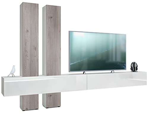 Vladon Wohnwand Moja, Made in Germany, Weiß matt & Weiß/Eiche Nordic - Moderne Anbauwand für Ihr Wohnzimmer (BxHxT) 330 x 204 x 39 cm