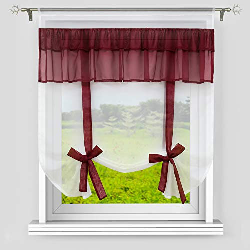 Heichkell Voile Halbtransparent Raffrollo Raffgardine mit Tunnelzug Doppelte Spitze Scheibengardine Raffung durch Bändchen Rot B×H 80×140cm