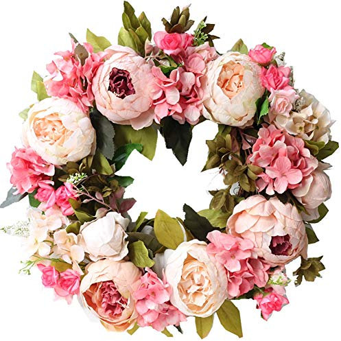 Door Wreath, Artificial Flowers Peony Wreath - Four Seasons Front Door Decor with Peony and Green Leaves, for Front Door Living Room Wall Garden Wedding Festival Decor(40cm, Light pink)