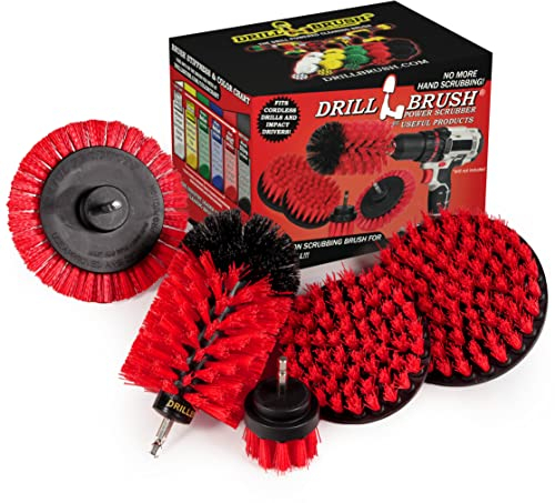 Drillbrush 5 Piece Red Stiff Nylon Cleaning Brush Set - Outdoor Cleaning Scrub Brushes for Cordless Drill - Siding Cleaner Brush Attachment - Deck Scrubbing - Birdbath Cleaner - Gravestone Scrubber