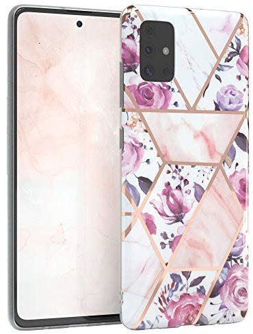 EAZY CASE Handyhülle Silikon mit Kameraschutz kompatibel mit Samsung Galaxy A51, im Blumen Design, Rosen Motiv Hülle, Ultra dünn, Slimcover, Silikonhülle, Backcover, Rosé-Gold