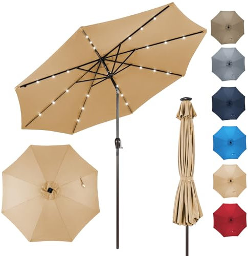 RELAX4LIFE Parasol Inclinable LED Dia.3M avec Éclairage Solaire, 8 Baleines, Inclinaison Réglables Parasol de Jardin Extérieur pour Balcon Terrasse Patio Café Bistro (Beige, Φ300x250cm)