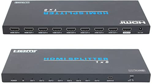 FOURKAY 1x8 4K HDMI Splitter Distribution Amplifier. HDMI2.0b and HDCP2.2 compliant. Dolby Atmos. Distribute up to 4K resolution to 8 displays from one HDMI source using HDMI cables.