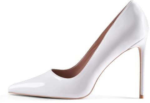 GENSHUO Damen Stiletto High Heels 10CM Sexy Spitze Stiletto Pumps Lackleder Geschlossene Zehe Party Abschlussball Hochzeit Absatzschuhe Stiletto Heels Weiß 37.5 EU