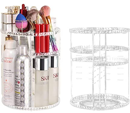 LucyStudio Clear Makeup Organizer 360° Rotating Adjustable Cosmetic Display Stand Large Capacity Makeup Storage Bathroom Shelves Countertop Cosmetic Storage Organizer