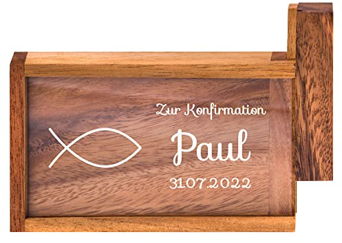 Geschenke 24 Magische Geldgeschenkebox zur Konfirmation mit Wunschname | personalisiert mit Wunschdatum | nachhaltig | Dekogeschenk | Geldgeschenk (Weiß, Konfirmation-Fisch)