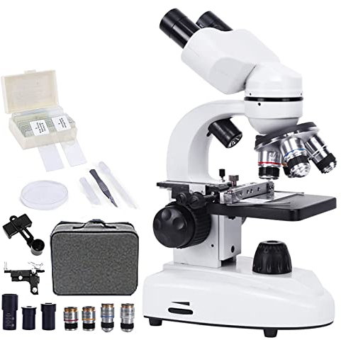 BrightFootBook Microscopio Binocular 10000x para Adultos, con Portaobjetos De Microscopio, Soporte para Teléfono Y Kits De Preparación De Muestras, Luces Led Ajustables, Enfoque Coaxial Grueso Y Fino