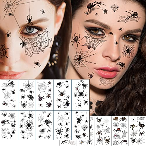Halloween Tattoo Gesicht, 10 Blätter Temporäre Schwarz Spinnen Tattoos, Gesichtstattoo Spinnweben Klebetattoos für Halloween Kostüm Damen Masquerade Karneval Party