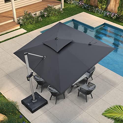 PURPLE LEAF 2.7 X 3.3 M Garden Cantilever Parasol, Large Rectangular Overhanging Patio Umbrella with Crank Handle and Tilt for Balcony and Outdoor, Grey