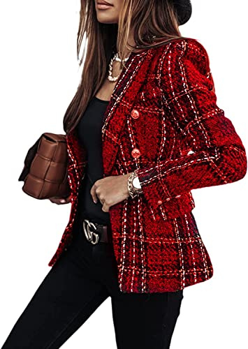 Veste de Costume imprimée à Carreaux Courts pour Femme Veste de Bureau Veste à Boutons en métal Veste de Costume élégante Veste à Revers Veste à Boutons décontractée.